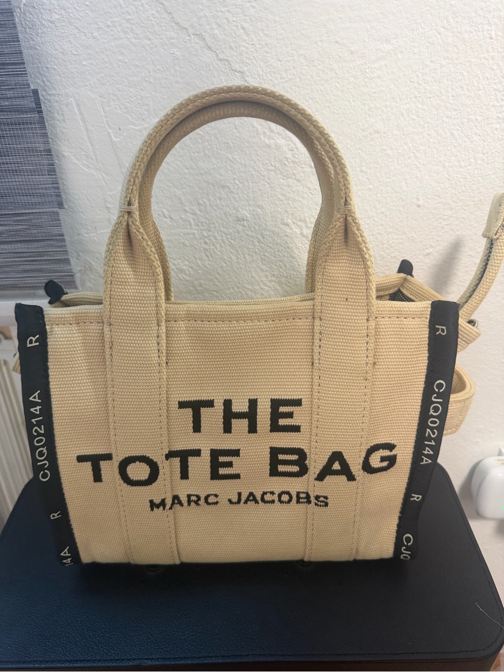 Marc Jacobs Beige Canvas 'The Tote Bag' with Black Logo Trim (dust bag included)